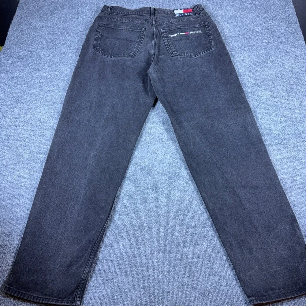 Tommy Hilfiger Vintage Mens Jeans Faded Black Straight Leg Flag Logo Denim 36x34